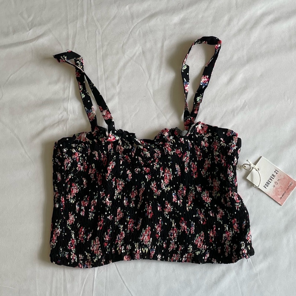 Black Floral Ruche Crop Top